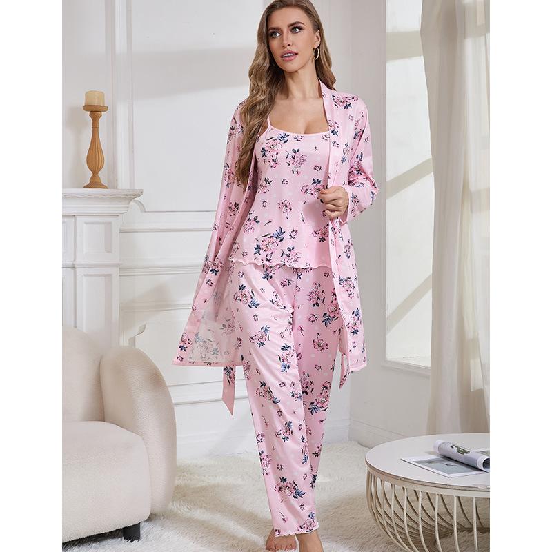 Three-Piece Pajama Set: Robe, Long Pants & Camisole In European & American Sizes