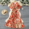 Spring women's dress French high-end strap waist V-neck irregular printed chiffon dress