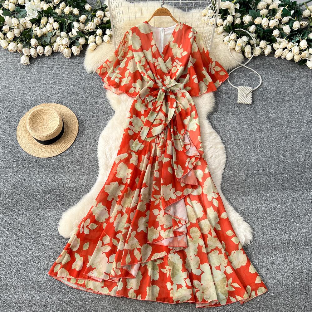 Spring women's dress French high-end strap waist V-neck irregular printed chiffon dress