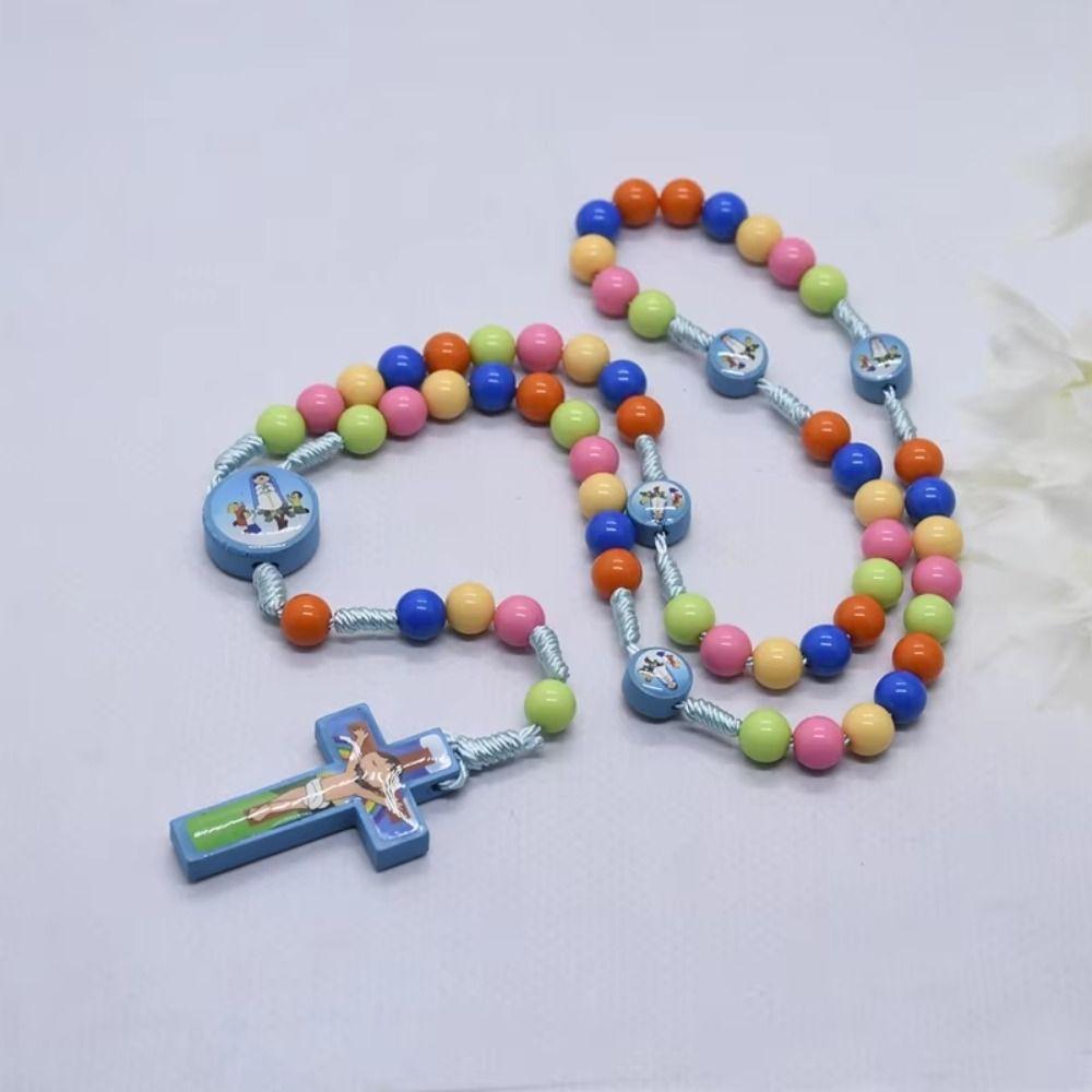 Colorful Bead Children Rosary Necklace Cartoon Crucifix Pendant Chain Kids' Rosary Necklace  Church