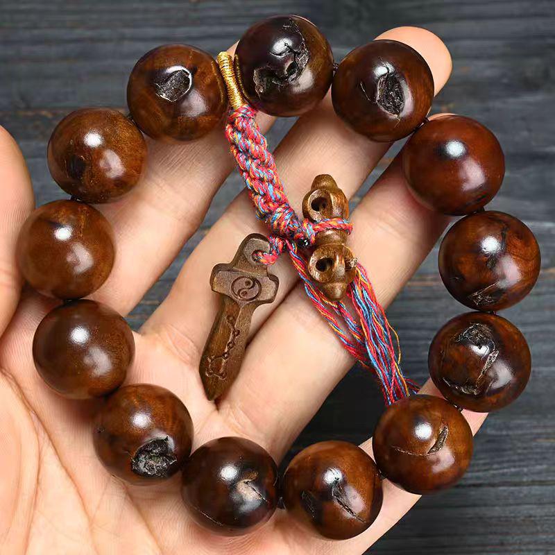 Men's Thunder Mark Jujube Wood Prayer Beads Bracelet with Wind Fire Wheel Pendant
