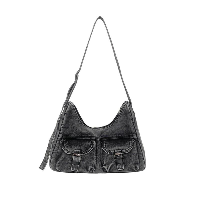 Womens Vintage Denim Tote Bag With Multiple Pockets Crossbody Shoulder Daily Use