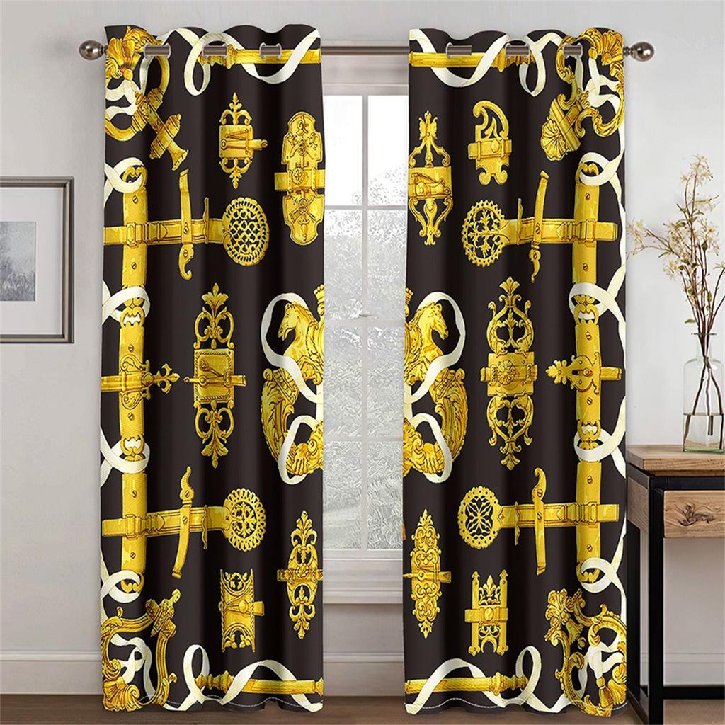 Luxury Gold Black Abstract Greek Key MeanderOn Sale Window Curtains for Kids Bedroom Living Room Kitchen Door Home Decor 2Pieces