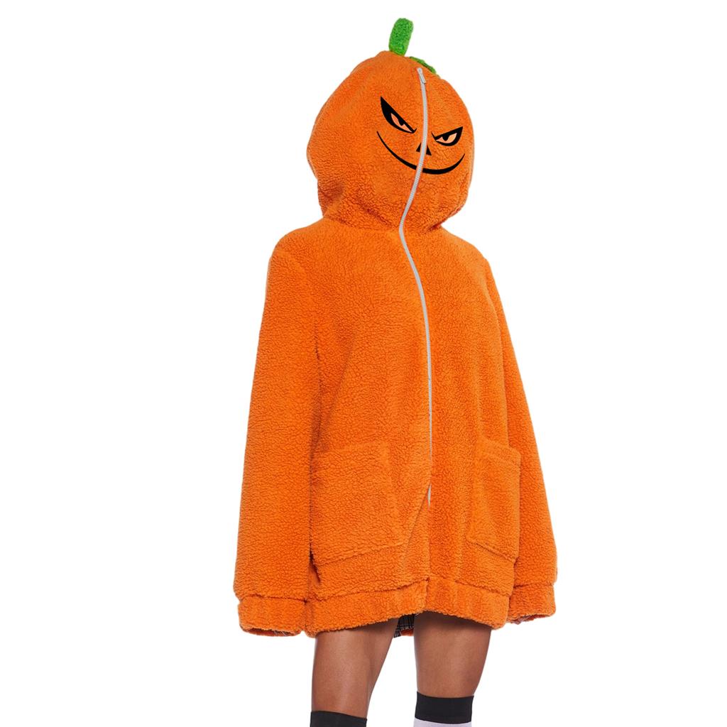 Women's Fashion Casual Halloween Pumpkin/ Face Print Flannel Long-Sleeve Zip-Up Hoodie