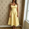 Dames Vierkante Hals Spaghetti Bandjes Hoge Taille Textuur Jacquard Midi Jurk Elegante Vakantiefeest Casual Outfit