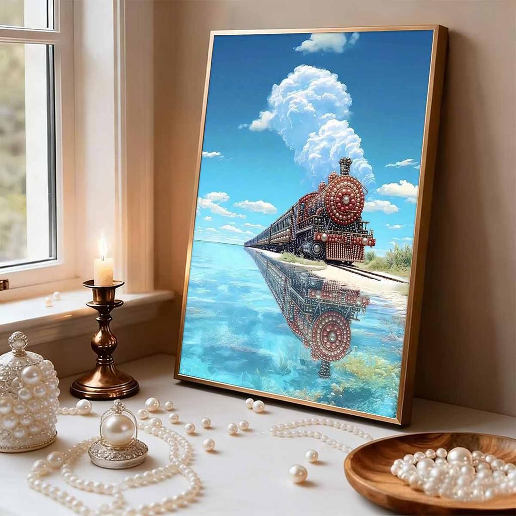DIY Pearl Painting Set Train By The Lake Pattern Home Decoration Handmade Sticky Diamond Creative Canvas Pearl Art Painting Crafts Perfect Gift