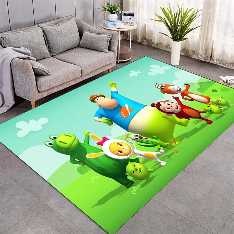 Cute Cartoon Animals Green Grass Sky Print Area Rug Non‑Slip Rectangular Floor Mat Home Decor