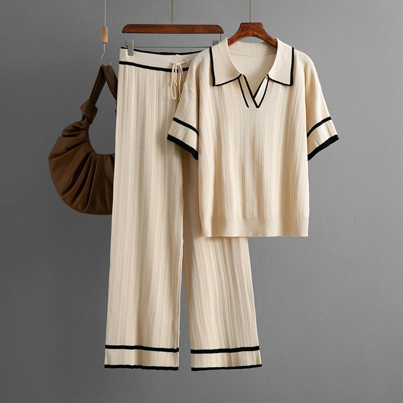 Summer Suit Polo Collar Short Sleeved Fashionable Casual Loose High Waisted Knitted Two-piece Set