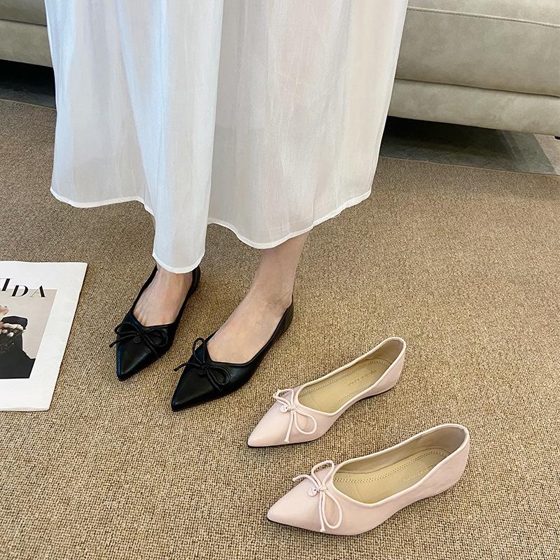W828-80 French nude pointed single shoes women's 2025 new flat shoes versatile bow evening shoes women's shoes