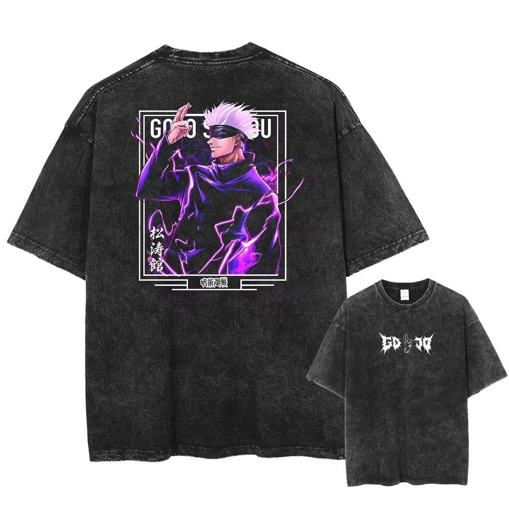 Japan Anime Jujutsu Kaisen Gojo Satoru Print Washed Tshirt Men Pure Cotton Tshirts Manga Casual T Shirt Harajuku Top Streetwear