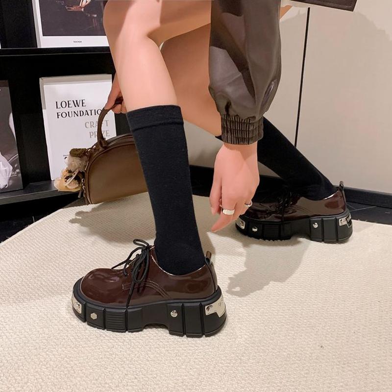 Fashion Women's new genuine leather cowhide thick soled waterproof platform high heels lace up college style single shoes casual shoes