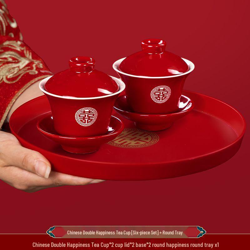 Ensemble de tasses à thé de mariage Double Bonheur: Service à thé rouge avec bol, baguettes et une paire de tasses - Parfait pour les cadeaux de mariage et la dot.