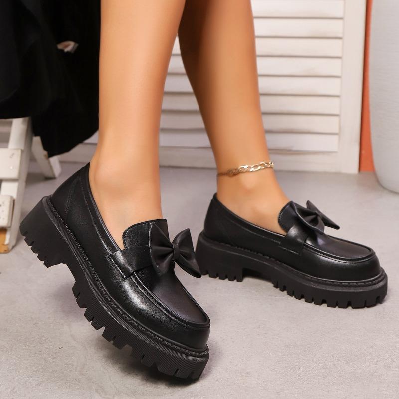Preppy Style Bowknot Platform Loafers for Women Fashion Thick Bottom Pu Leather Shoes Woman Plus Size Round Toe Lolita Shoes