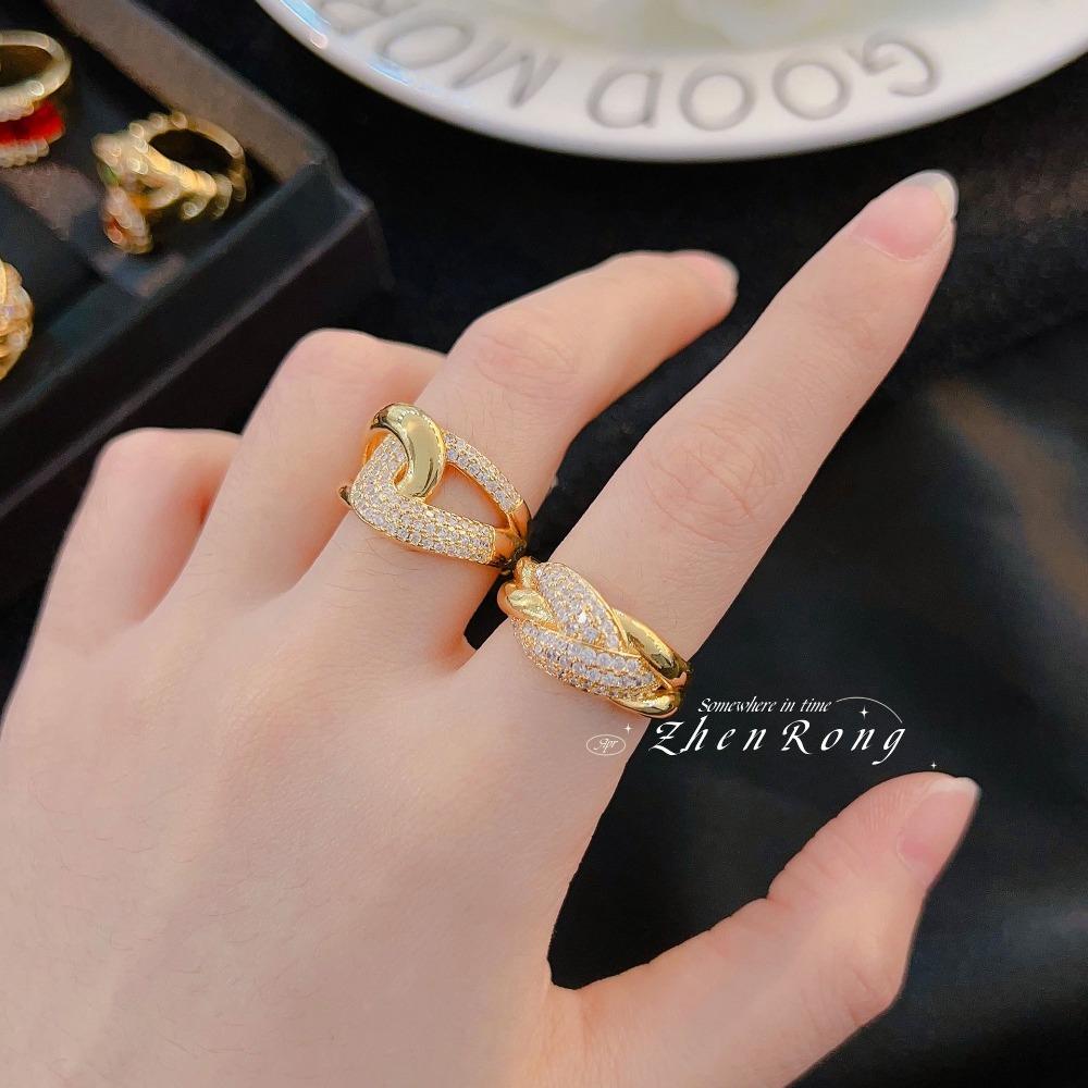 Vintage Open Ring French Retro Gold Plated Micro Pave Full Diamond Antique Jewelry Colorful Gemstone Ring