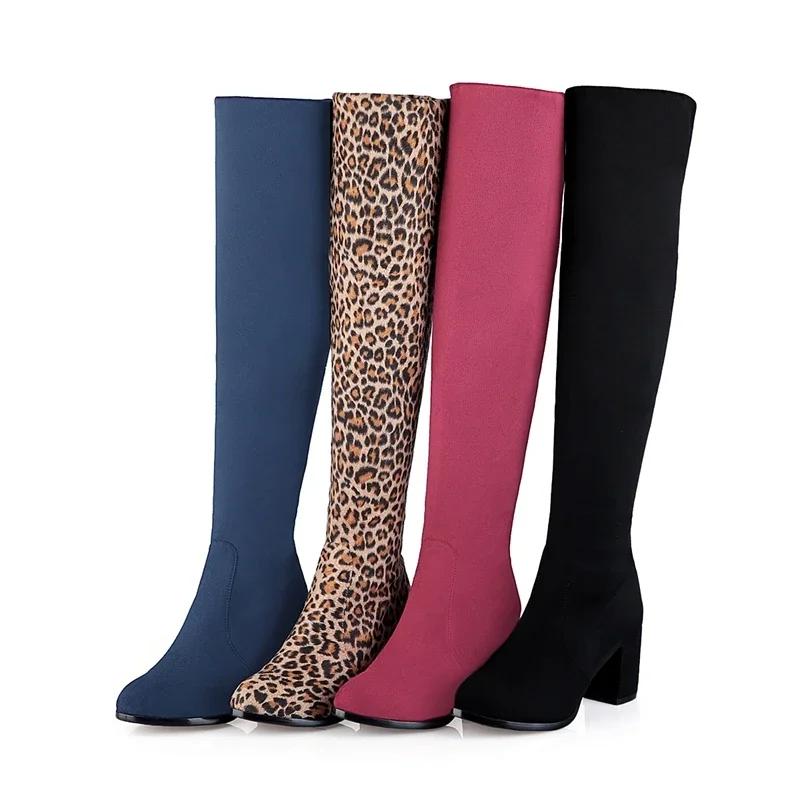 Fashion Faux Suede Boots Leopard Women Sexy Long Boots Over The Knee Thigh High Pointed Toe Chunky Heel Zipper Pull on 43