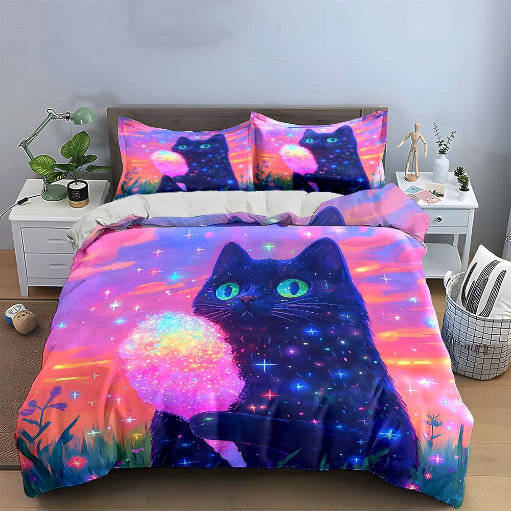Fantasy Cat Art Decor Set Soft Comfortable Duvet Cover Bedding Set Included 1*Duvet Cover & 2*Pillowcases, Gift