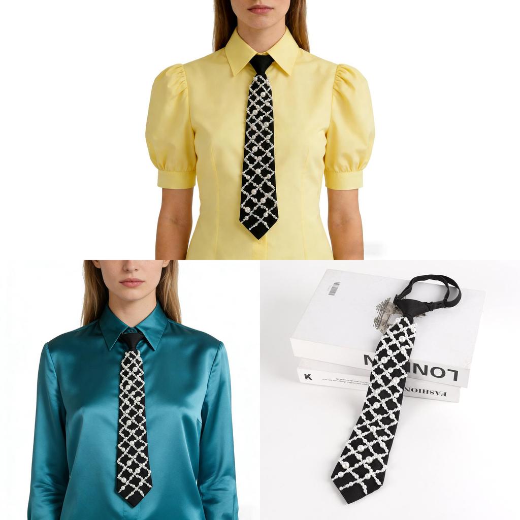 Modern Unisex Neck Tie With Pearl Detailing In Black For Formal And Casual Wear