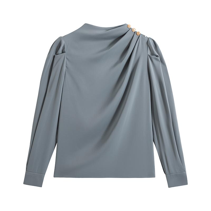 Fashion Autumn Long Sleeve Stand Collar Satin Blouse Shirt Women Tops J296