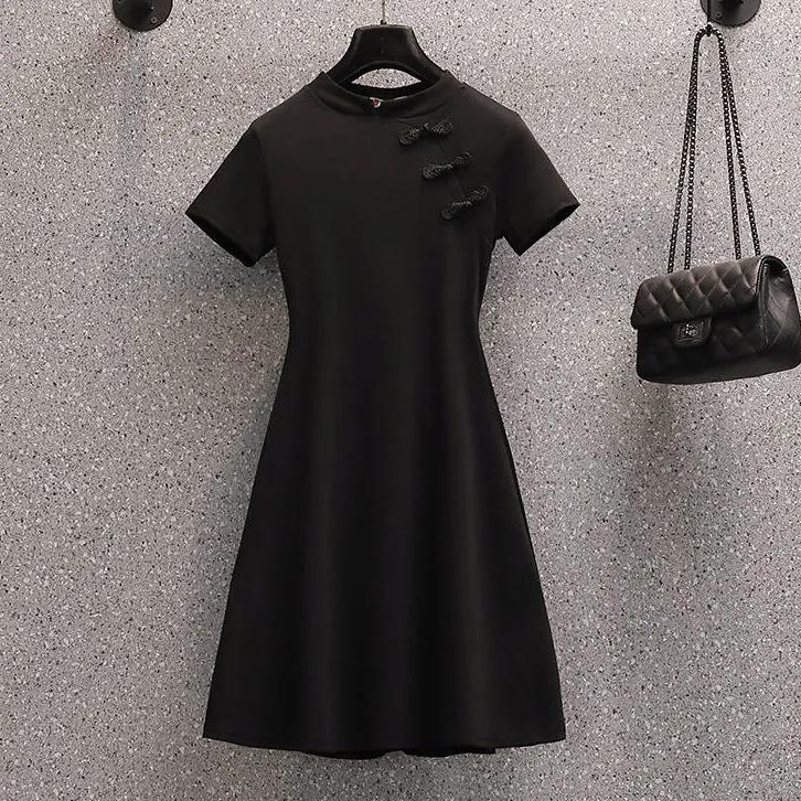 

Женское летнее однотонное платье, винтажное элегантное тонкое платье Cheongsam в китайском стиле, милое платье трапециевидной формы L чёрный