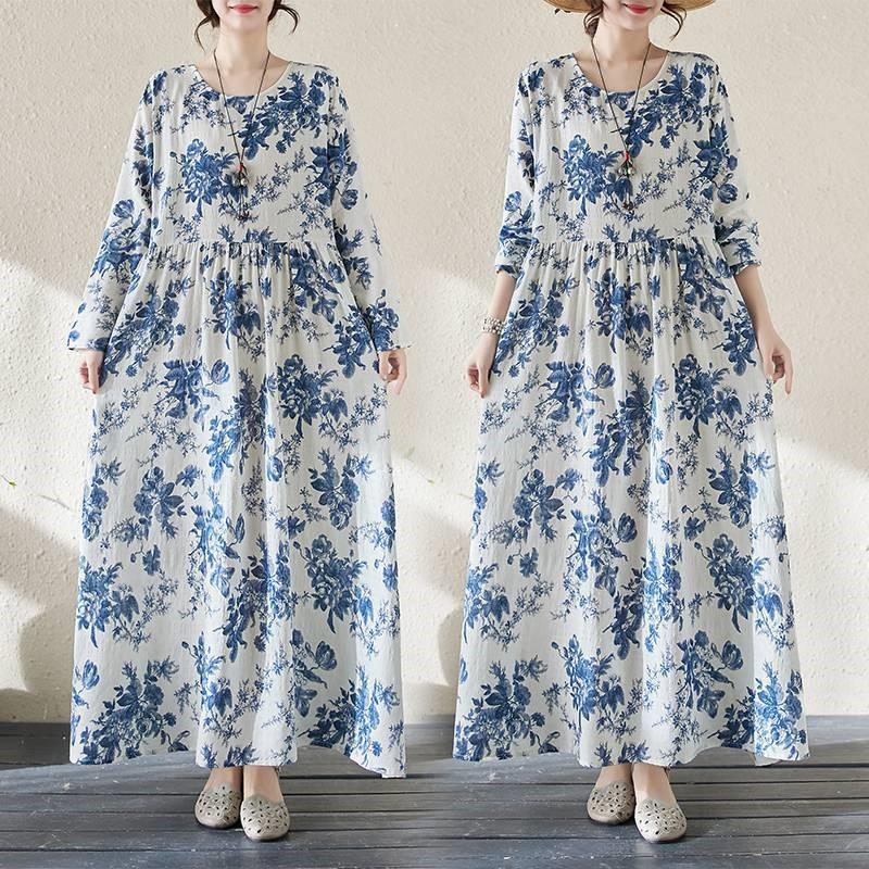 Johnature Woman Spring Long Sleeves Vintage Style Dress Chinese Style Casual Print O-Neck Loose Dress