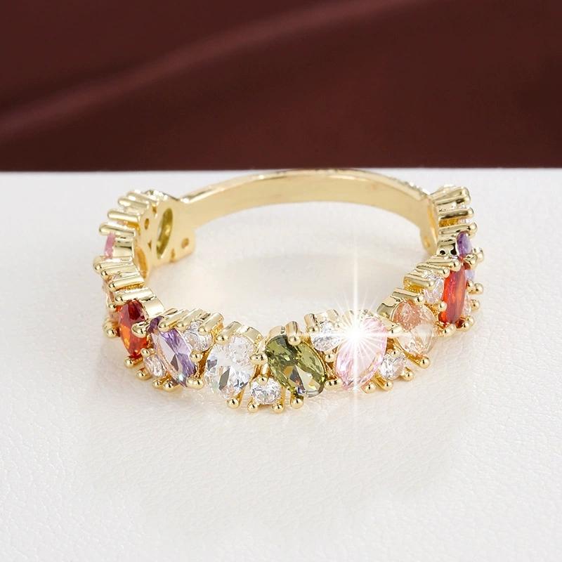 Vintage Rainbow Oval Round Green White Zircon Rings For Women Gold CopperColor Bridal Wedding Bands Engagement Party Jewelry