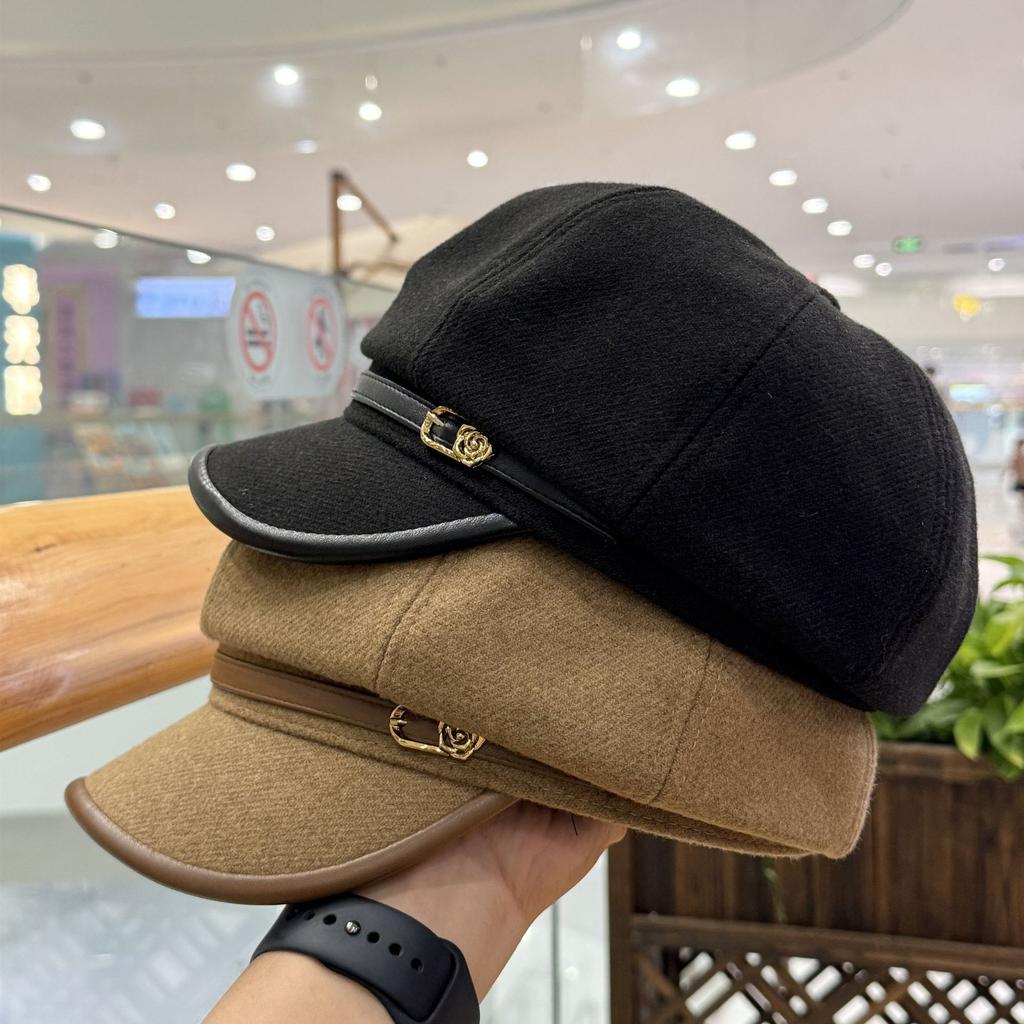 Fashion Hat Autumn Ladies Flower Metal Standard Leather Brim Octagonal Hat Warm Retro Temperament Duck Tongue Newsboy Hat