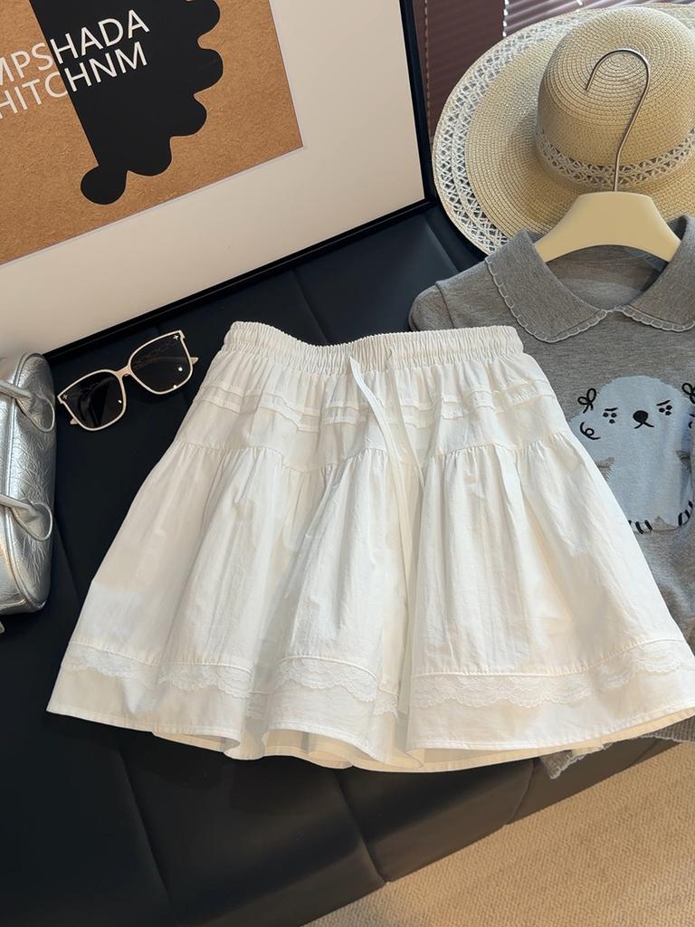 Women's Elastic Waist A Line Mini Skirt Loose Fit Japanese Korean Casual Solid Lace Tiered Ruffle Short Skirt
