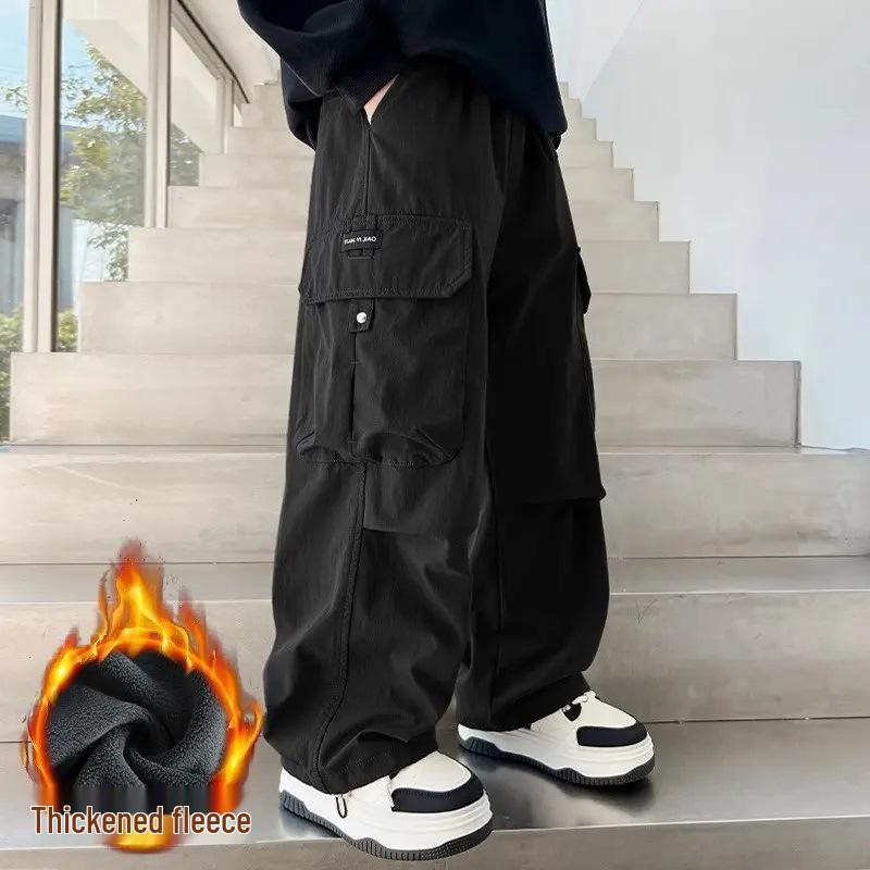 Boys' Stylish Autumn/Winter 2025 Versatile Cargo Pants - Medium/Large, Loose Fit, Plus Velvet Long Trousers