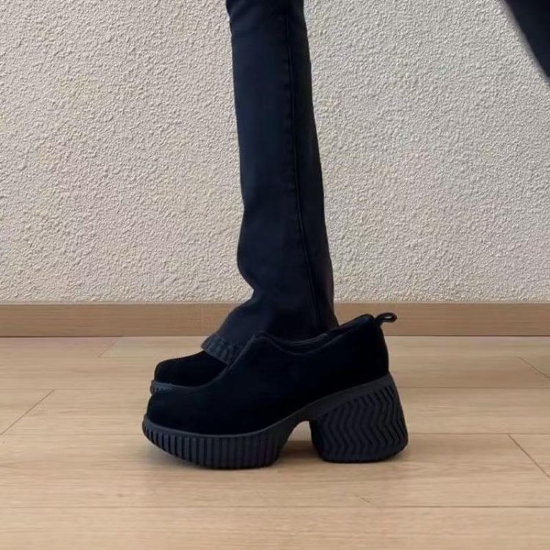 Bull Suede Block Heel Single Shoes Fashion Round Toe Deep Mouth Platform Soft Sole Low Top Shoes