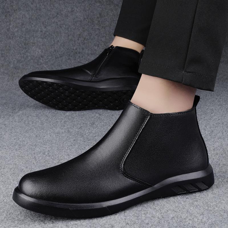 Fashion Genuine Leather Mens Chelsea Boots Comfortable Ankle Boots Fashion Winter Plush Snow Botas Outdoor High Top Shoes Business Boots