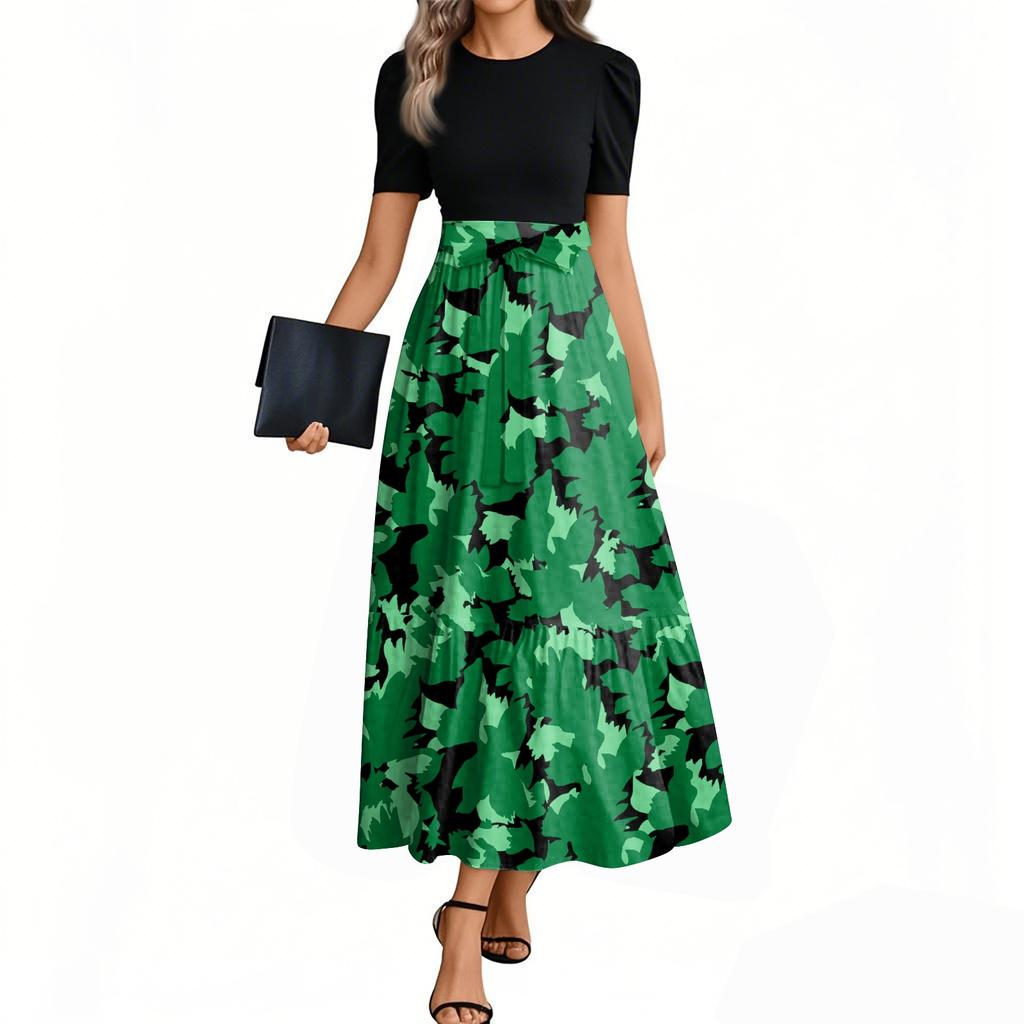 Women's Fashion Casual Belt Short Sleeve Round Neck Retro Printed Splicing Elegant Temperament Dress