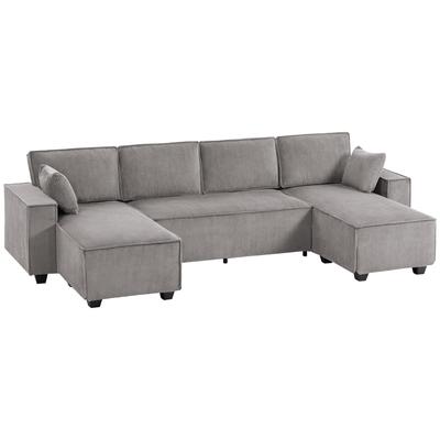 Corner Sofa with Double Chaise Lounges, U-Shaped Sofa Made of Corduroy Fabric with Wide and Deep Seat, Spring Cushions, Light Grey