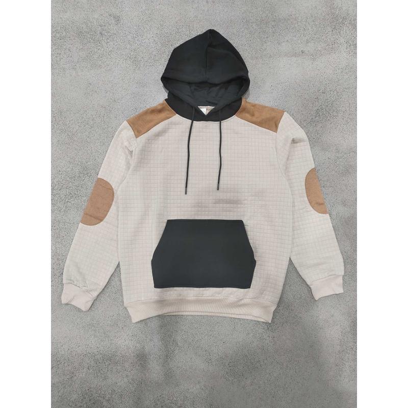 Mens Casual Loose Plaid Color Block Hooded Pullover Sweatshirt With Large Pockets