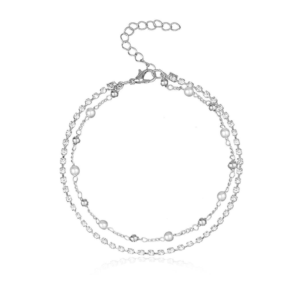 Europe, America, pearl double-layer bead chain alloy anklet women, fashionable handmade diamond-encrusted beach anklet foot decoration