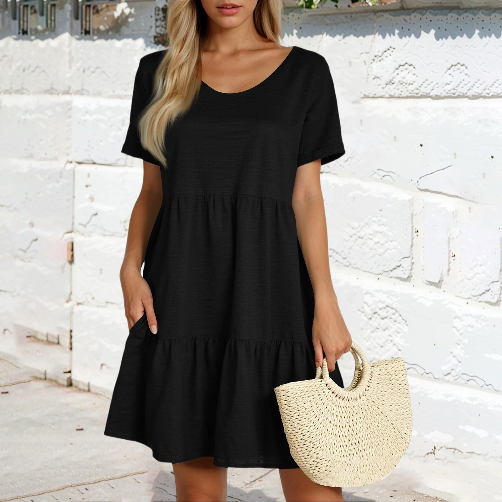 

Женская повседневная модная юбка с круглым вырезом и коротким рукавом, однотонная юбка-торт XXL чёрный