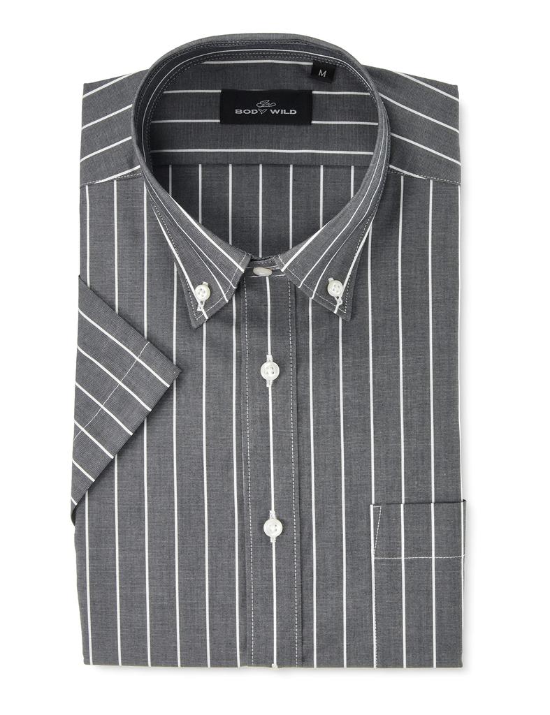 Flex Japan Men's Dress Shirt, Short Sleeve, Wrinkle-Resistant, Stretch, Body Wild, Short Length, Slim Fit, Gray Stripe, Size 39