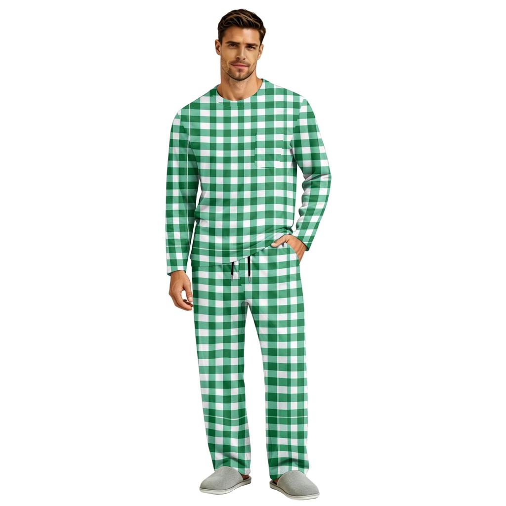 Men's Pajama Set Long Sleeve Top and Long Pants with Button Crotch and Elastic Drawstring Waist for Home Loungewear