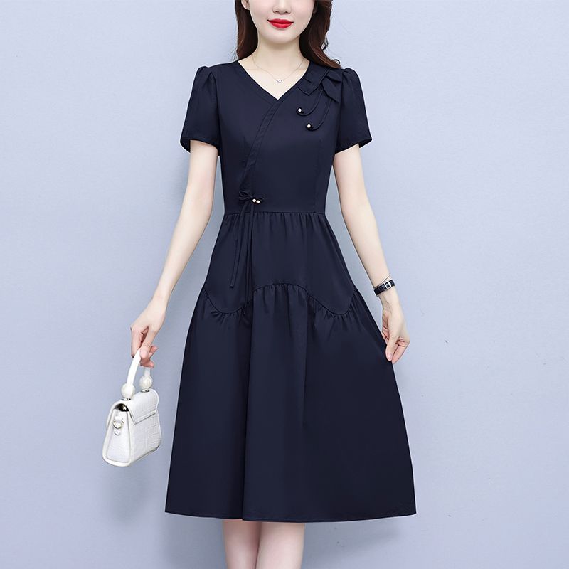 Summer French Elegant Temperament Fashion Casual Dress Age Reducing High Waist Slimming Mid Length Dress for Ladies