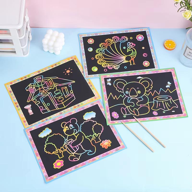 Rainbow Scratch Art Paper Set Magic Coloring Drawing Sheet with Wooden Stylus Educational Diy Craft Toy Kids Toys