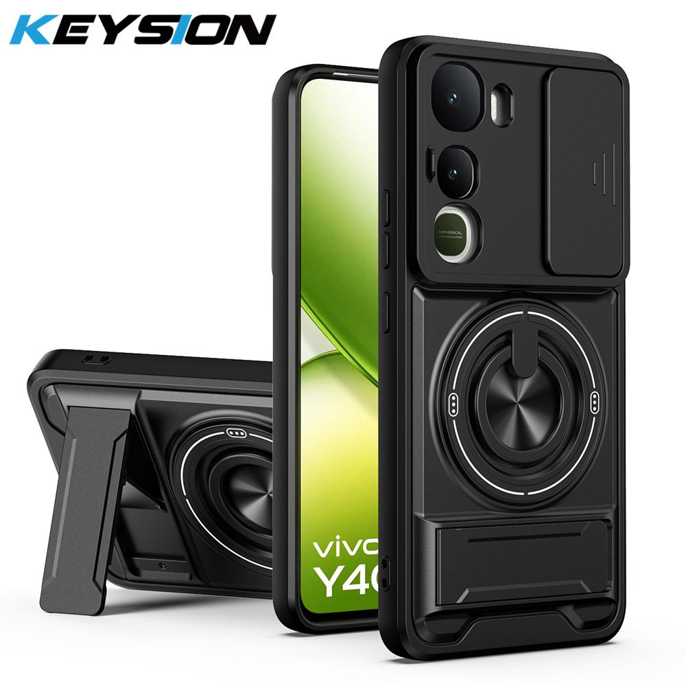 KEYSION Magnetic Phone Case for IQOO Z10 Lite Slide Camera Protection Upright Kickstand Ring Shockproof Cover for IQOO Z10 Lite