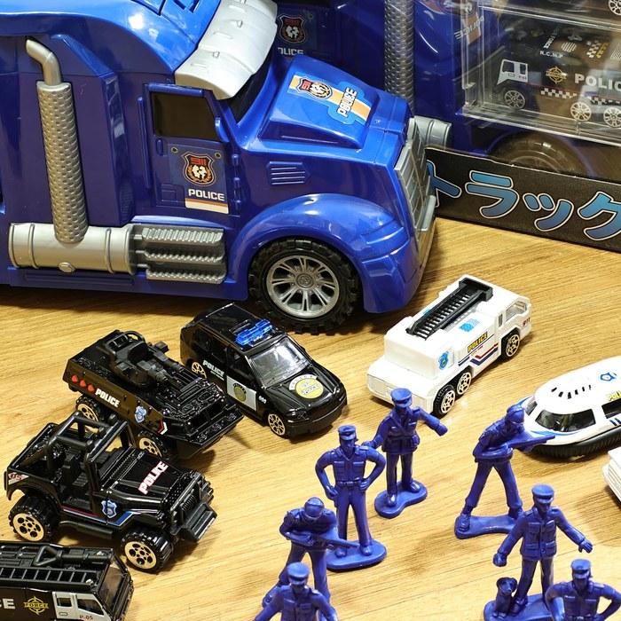 Carecoly Truck Police Vehicle Set - Diecast Car Set with Large Carrier - Alloy Toy Cars with Military Map - Blue