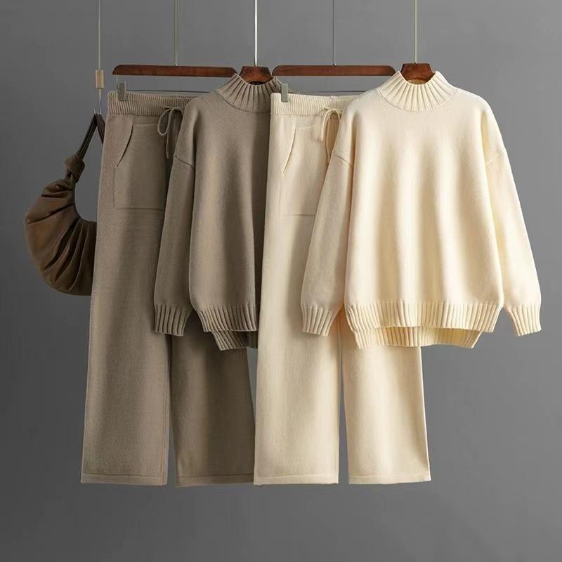 Fashion Winter Knitting Mock Neck Sweater Pants Suit Knited Sweater and Pants Set