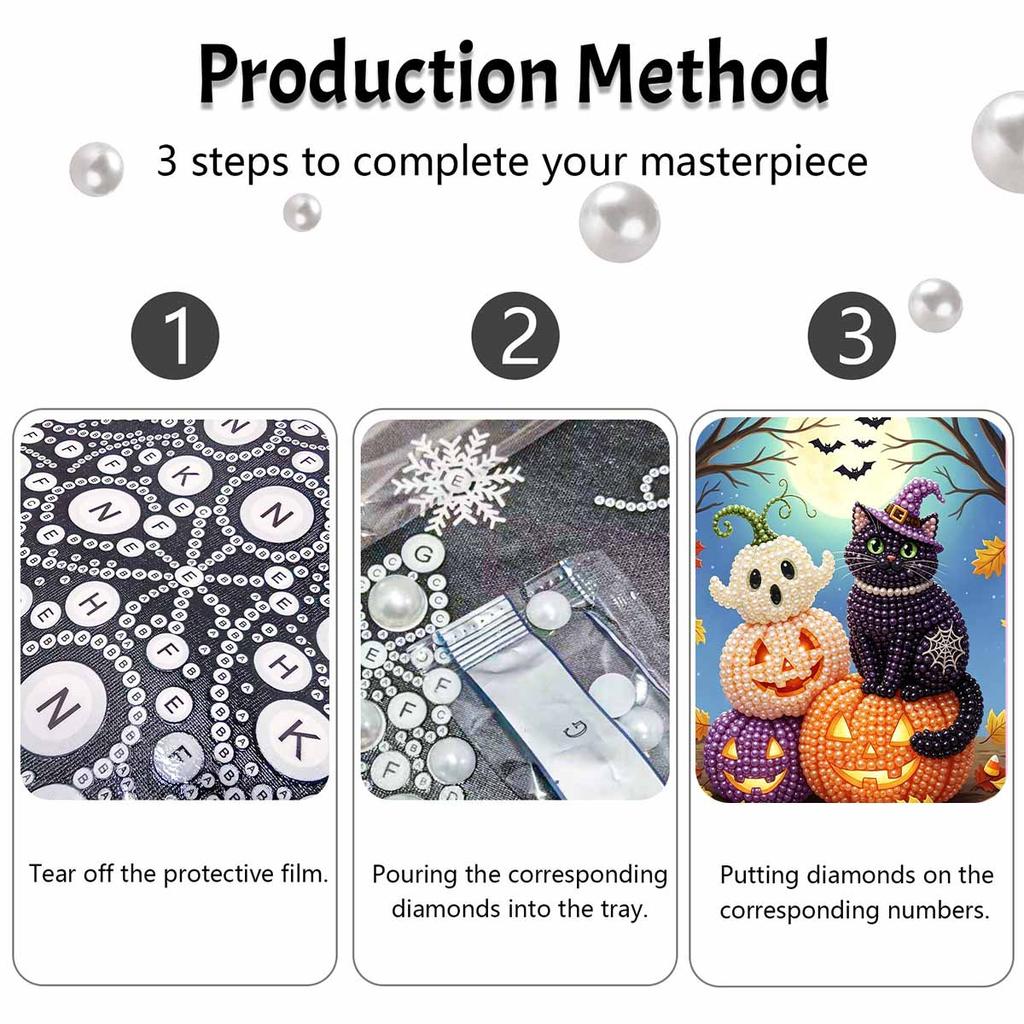 Halloween Black Cat Pumpkin Pearl Painting Art Full Pearl Handmade Diy Home Decorations