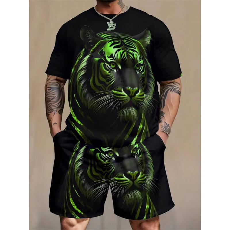 2024 New Crew Neck Short Sleeve T-shirt Fashion Shorts Set 3D Lion Print Short Sleeve Shorts 2-piece Men's Summer Sports Set