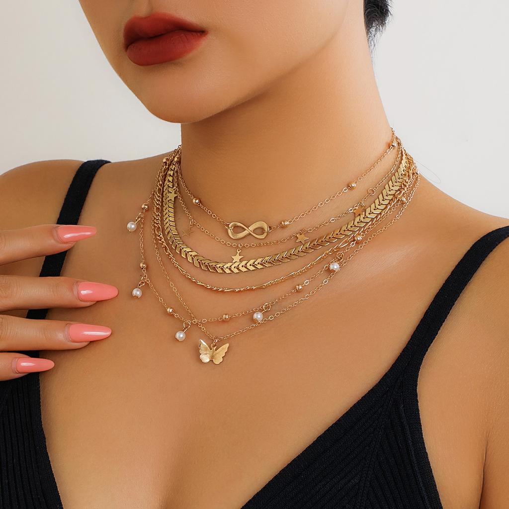 6Pcs/Set Boho Infinite Symbol Leaf Butterfly Pendant Necklace for Women Vintage Ethnic Imitation Pearl Thin Chain Party Jewelry