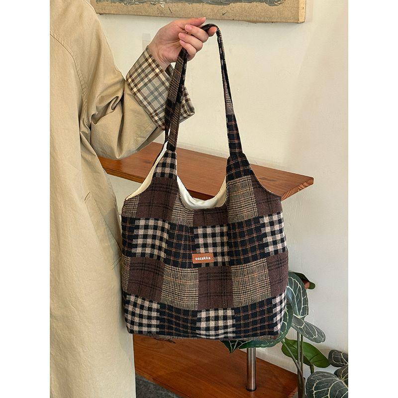 Retro Check Pattern Patchwork Tote Bag - Large Capacity Hand-held Shoulder Bag