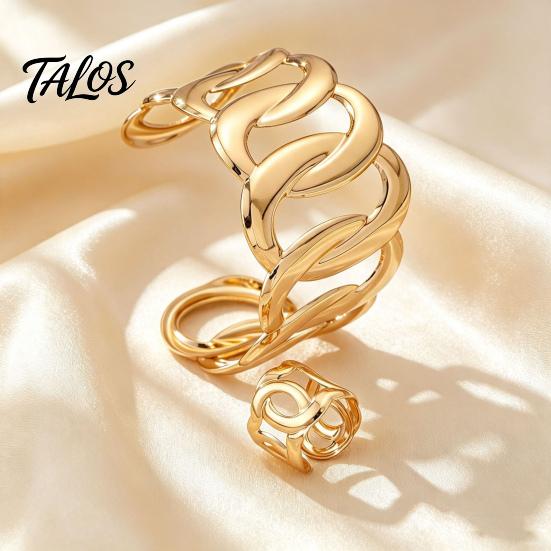 Hollow Twisted Jewelry 2Pcs Statement Set, Open Adjustable Cuff Bangle Iron Wrist & Wide Ring, Golden Plated Metal for Women Sets
