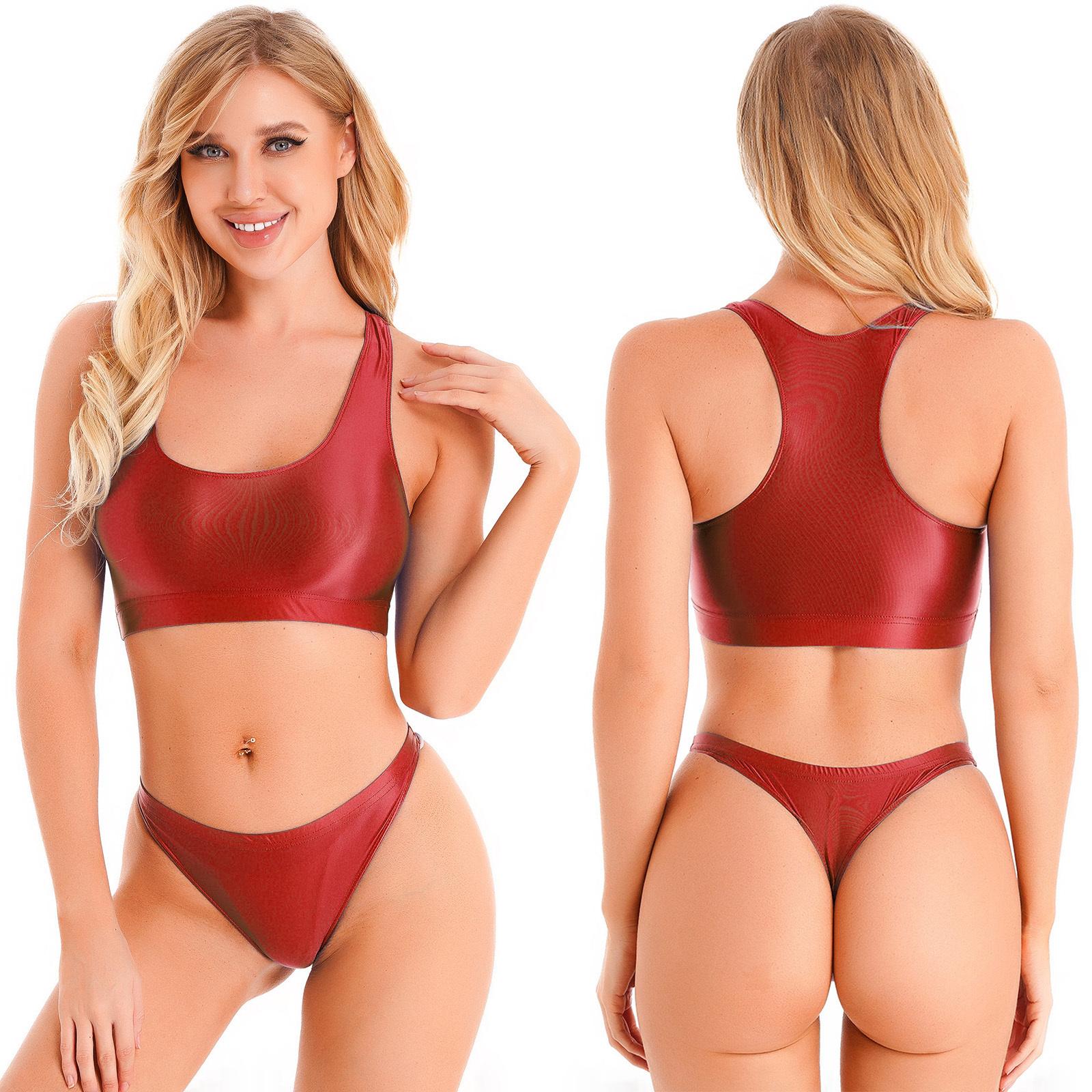 

Womens Glossy Sleeveless U Neck Tank Top with Low Rise Briefs Sport Fitness Swimwear Set XL бордовый