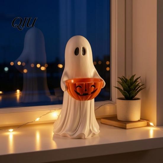 Holiday Party Buffet Tableware Resin Ghost Statue with Pumpkin Candy Bowl, Cute Figurine, Trick Spooky Season Entryway Accents or Treat Holder
