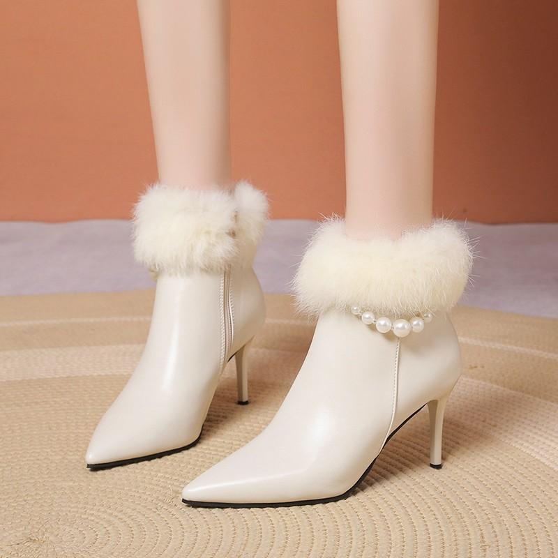 Pointed short boots women's 2025 autumn and winter new fashion pearl wool boots thin heel French high heel fashion thin boots